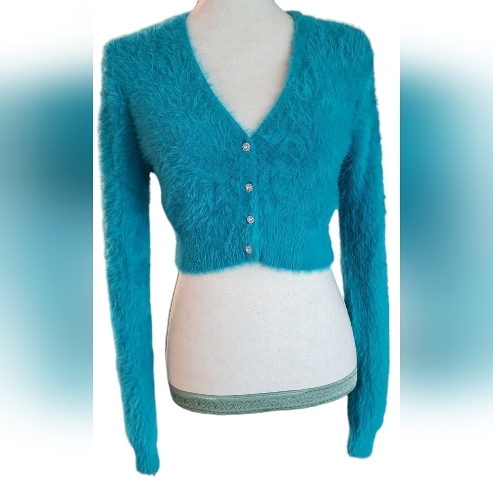 Zara Teal Fuzzy Cropped Cardigan